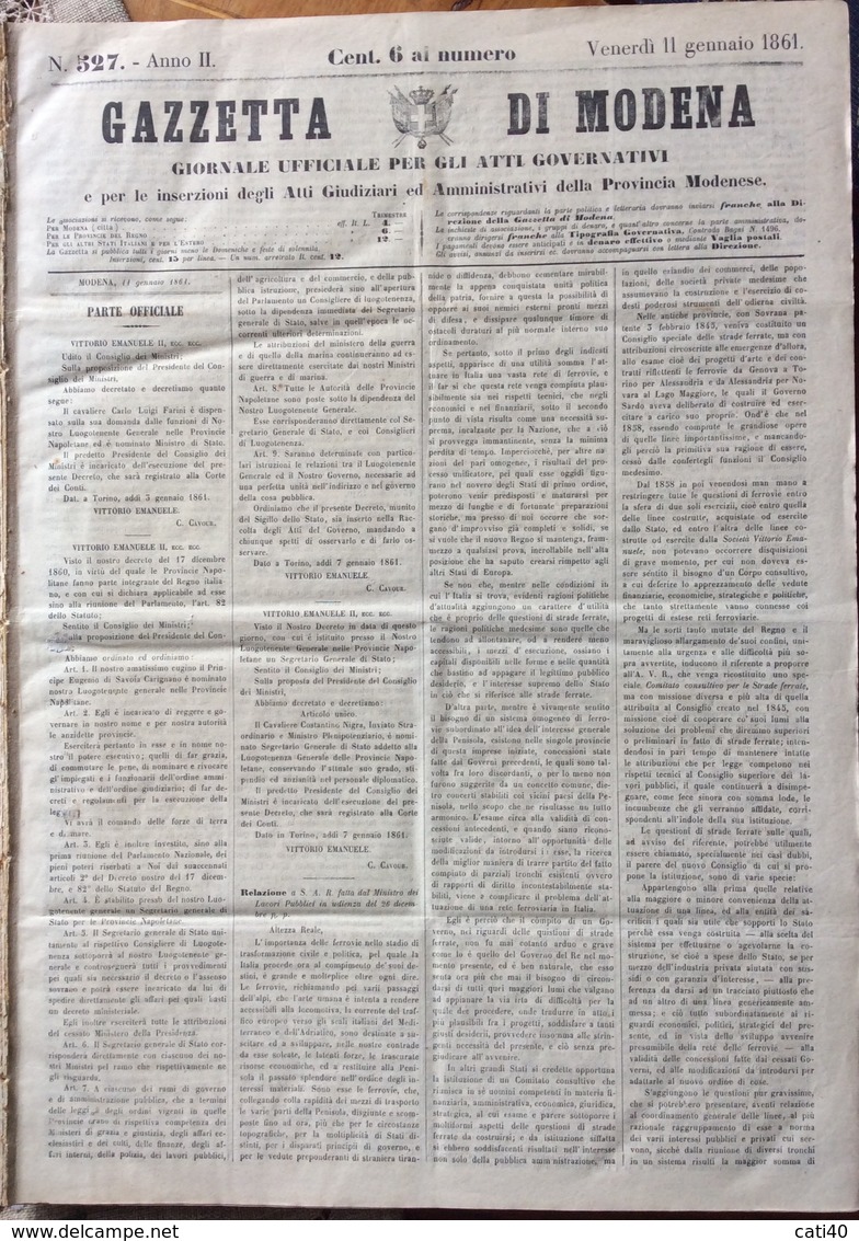 GAZZETTA DI MODENA - GIORNALE UFFICIALE N. 527 DEL Venerdi' 11 Gennaio 1861 - MODENA R. TIPOGRAFIA GOVERNATIVA - Before 1900