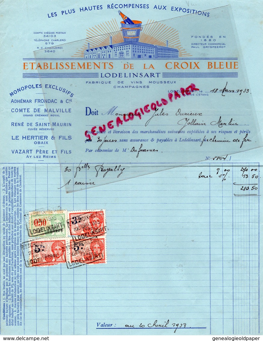 BELGIQUE- LODELINSART-RARE FACTURE ETABLISSEMENTS CROIX BLEUE-FABRIQUE VINS MOUSSEUX-CHAMPAGNE-1933 - Ambachten