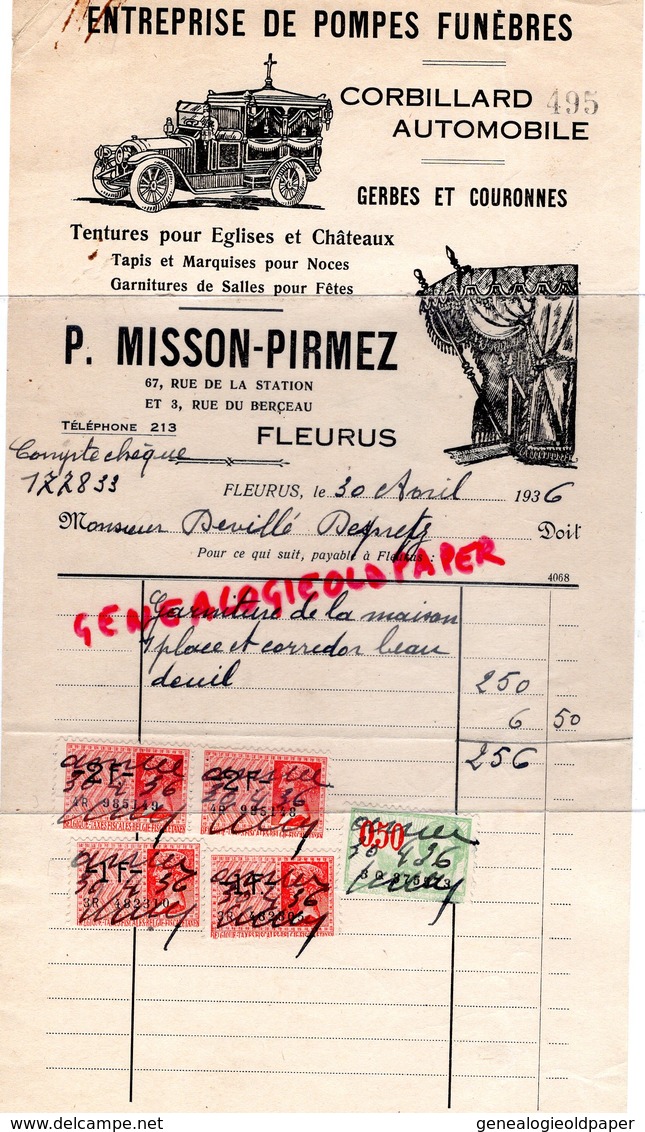 BELGIQUE- FLEURUS- RARE FACTURE P. MISSON PIRMEZ- POMPES FUNEBRES-CORBILLARD--67 RUE STATION-3 RUE DU BERCEAU-1936 - Ambachten