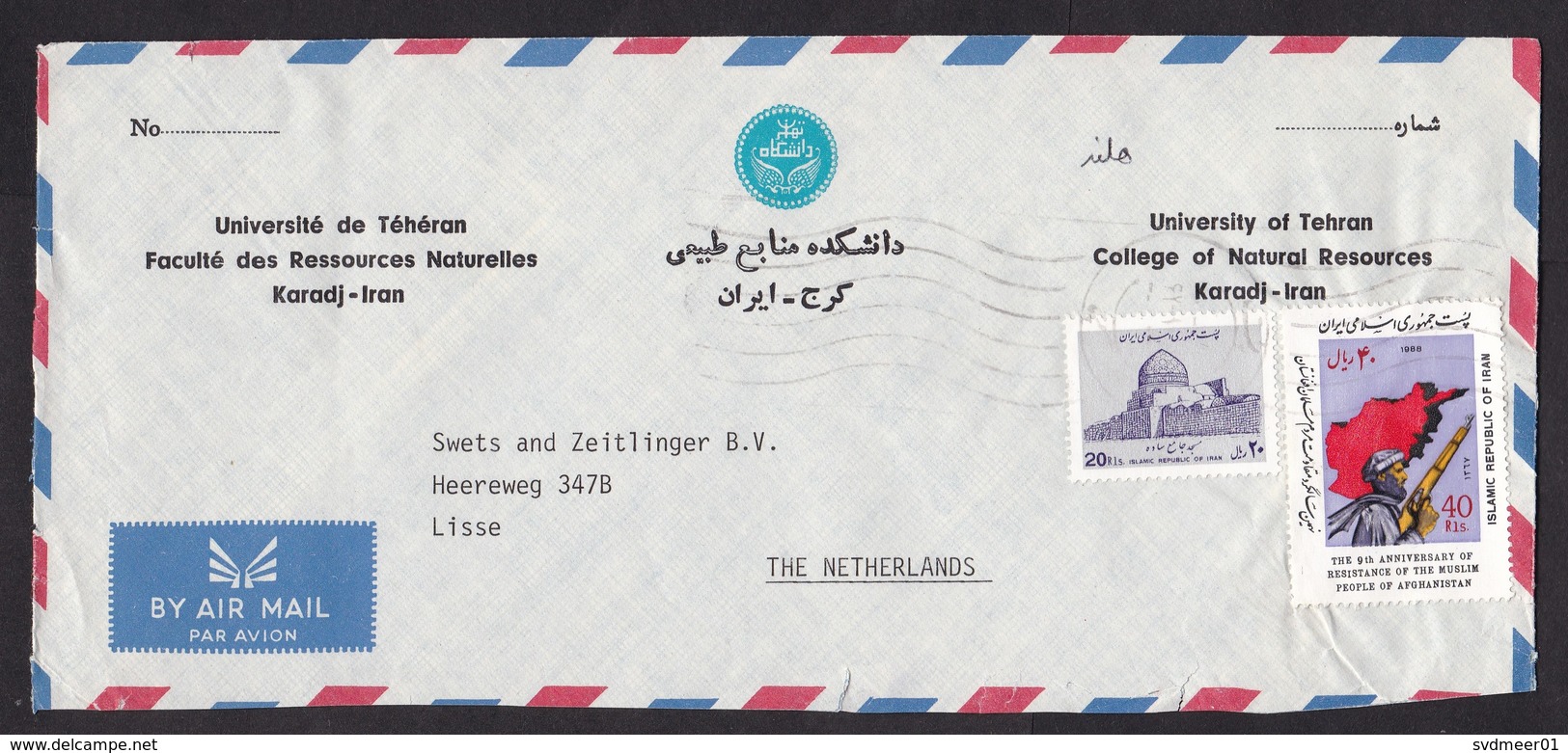 Iran: Airmail Cover To Netherlands, 2 Stamps, Resistance Afghanistan, War, Gun, Map, Rare Real Use (minor Damage) - Iran