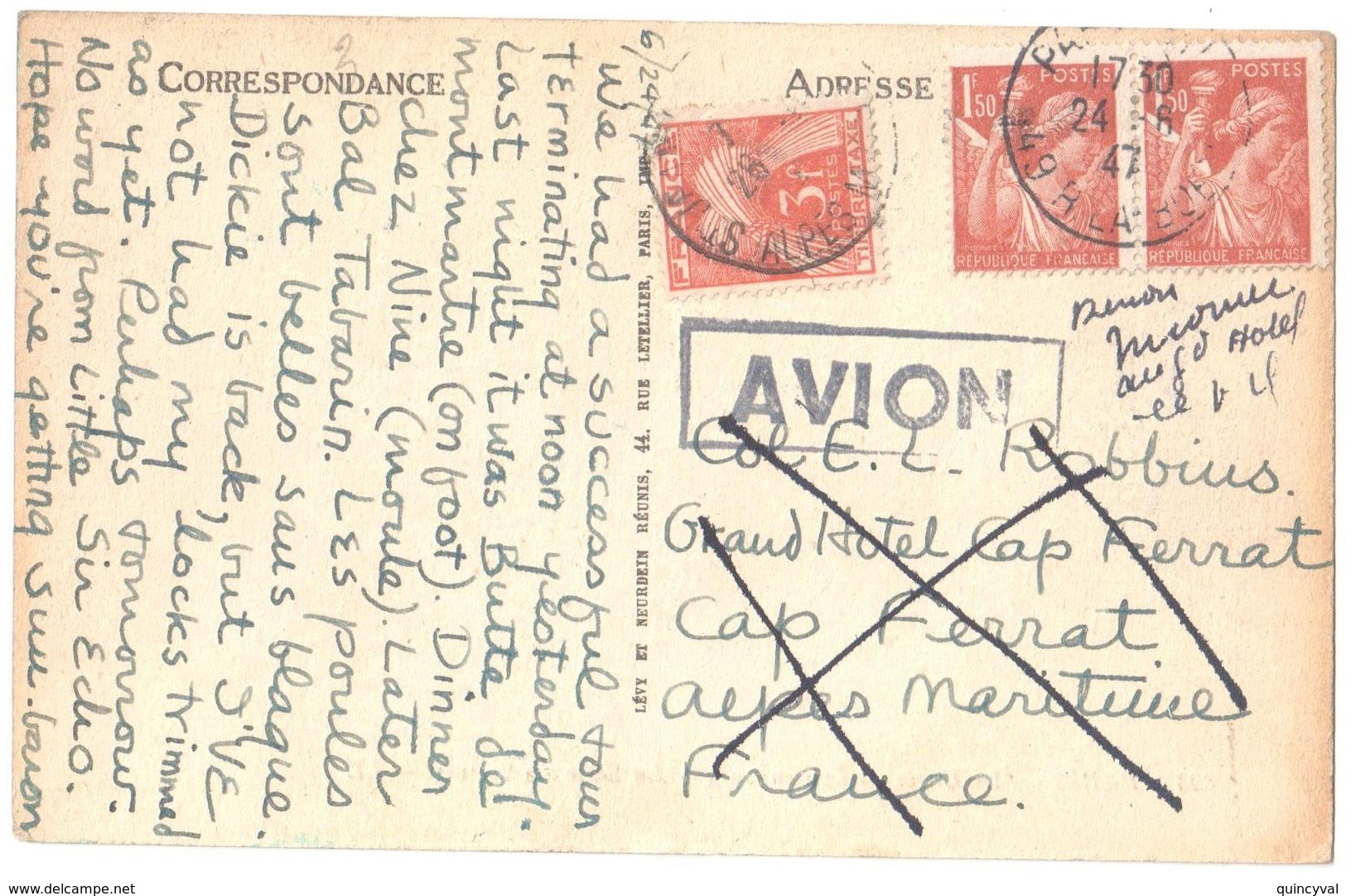 PARIS Carte Postale 1,50 F Iris Yv 652 Ob 24 6 1947 Taxe 3F St Jean Cap Ferrat Inconnu Texte EROTIQUE En Anglais AVION?? - Covers & Documents