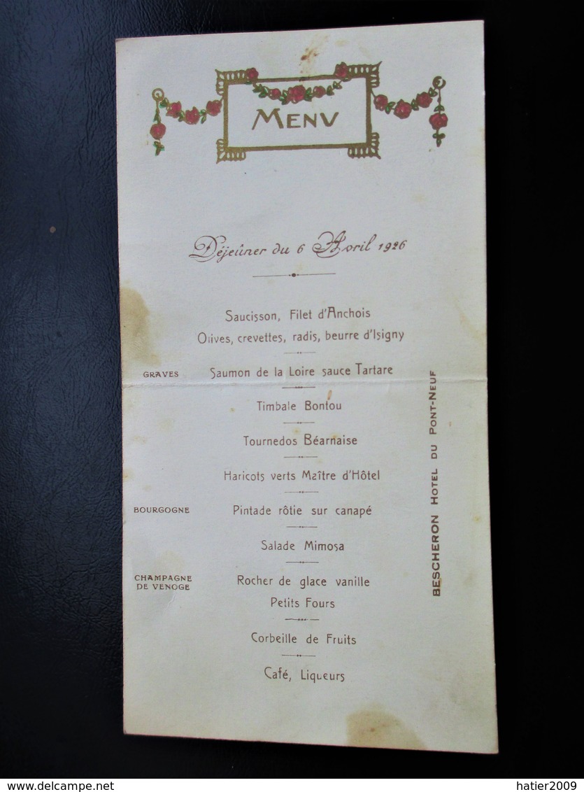 MENU 1926 Lettrages Et Decors Dorés - BESCHERON Hotel Du Pont Neuf Saint Amand Cher - Menus