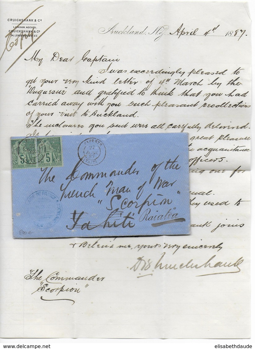 TAHITI - 1887 - LETTRE De AUCKLAND Avec CACHET AGENCE CONSULAIRE De FRANCE => TAHITI Avec REEXPEDITION => RAIATEA - Cartas & Documentos