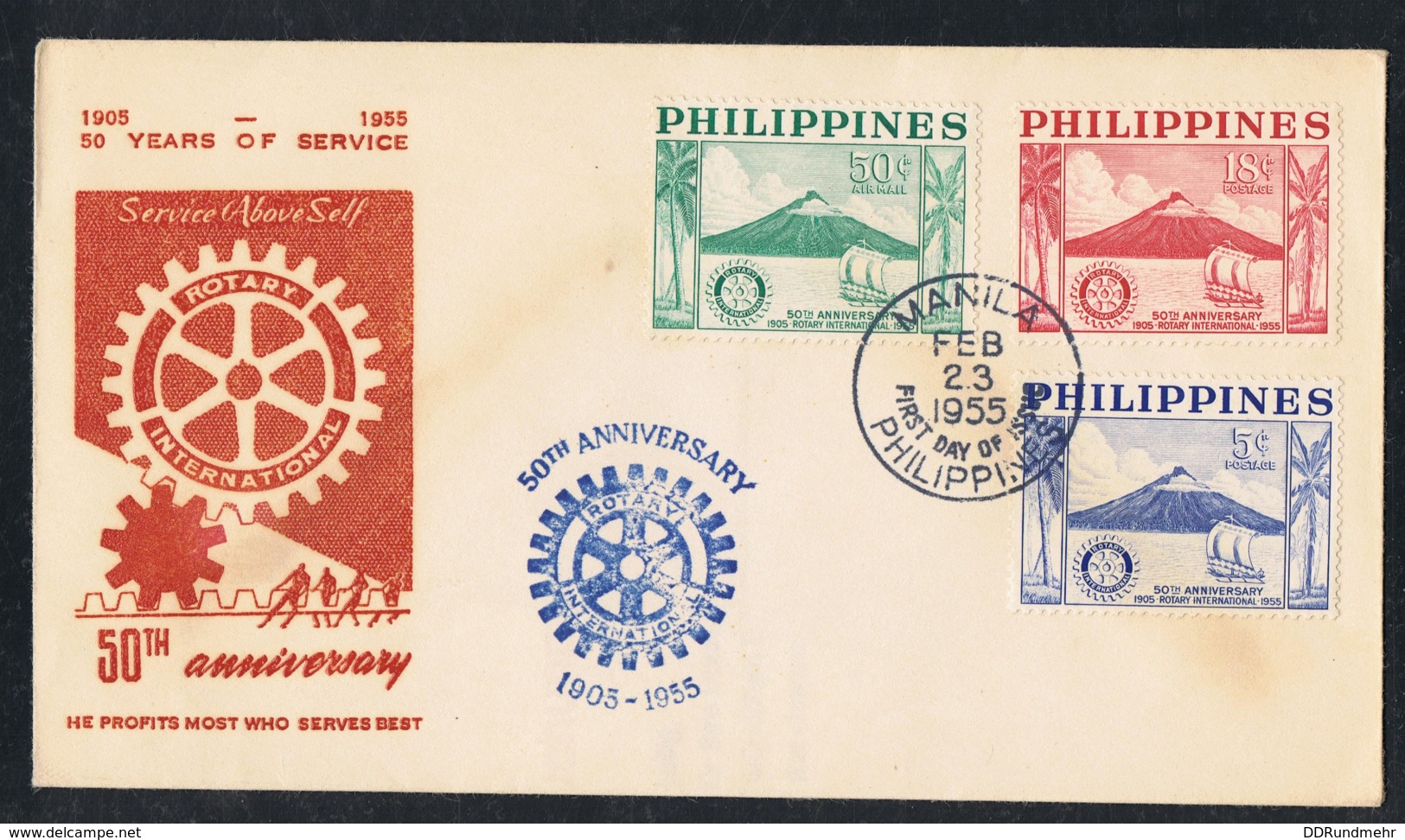 1955 23. Feb. 50 J. Rotary FDC Mi PH 589 Sn PH 618 Schmuckumschlag Sonderstempel - Philippinen