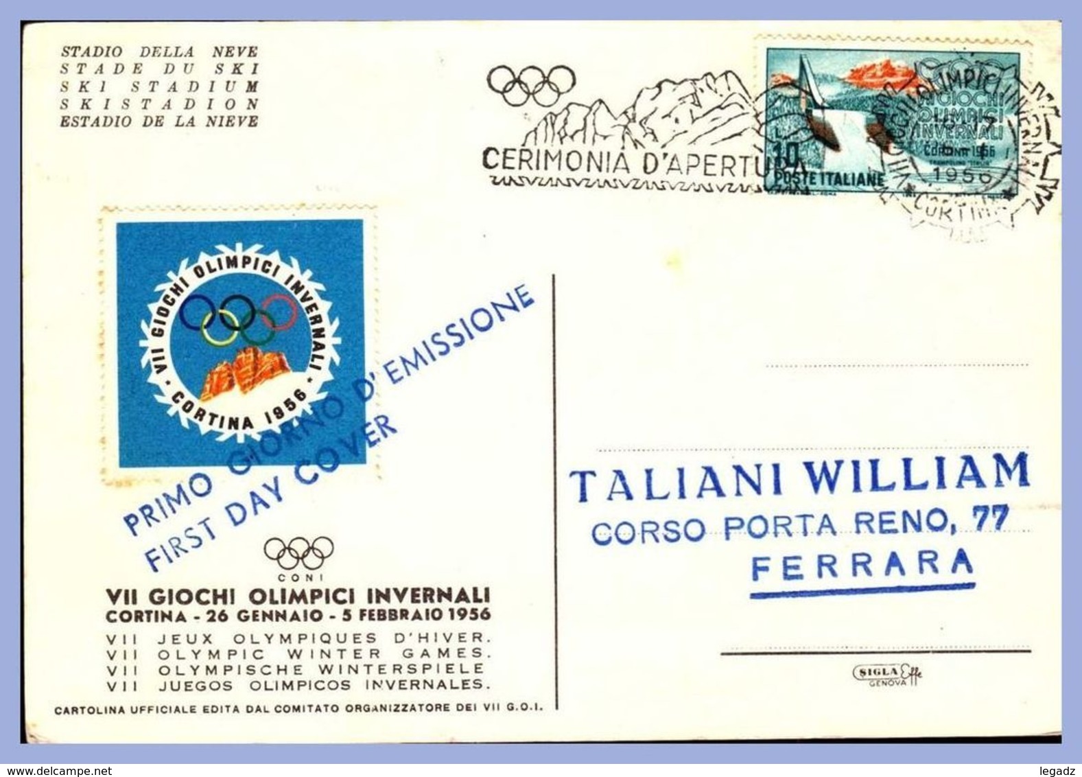 Carte Philatelique - 26 Gen - 5 Feb 1956 - Cortina (Italie) - 10L. VII Giochi Olimpici Invernali - Cerimonia D'Apertura - Hiver 1956: Cortina D'Ampezzo