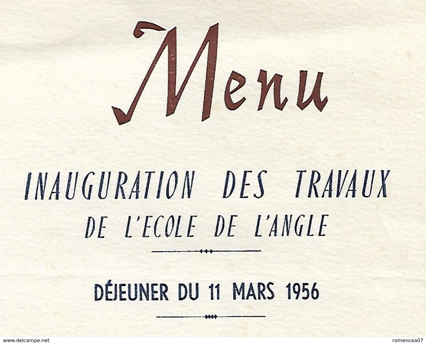 CHANTONNAY (Vendée) - MENU - INAUGURATION Des TRAVAUX De L'ECOLE De L'ANGLE - Déjeuner Du 11 Mars 1956 - Grellier - Menus