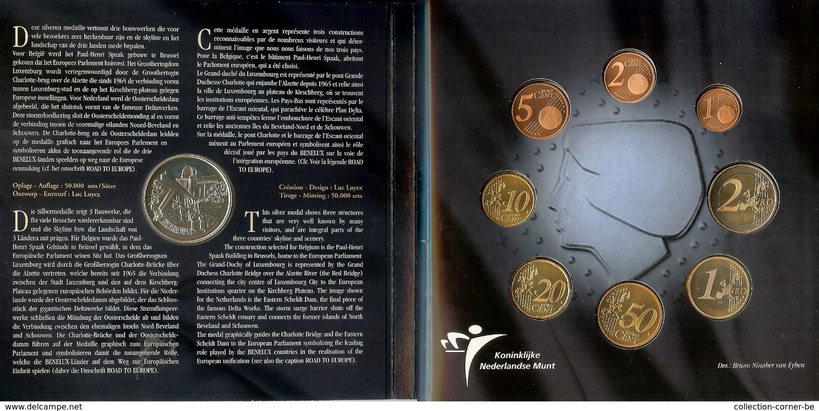 Benelux, Euro Set 2003, FDC, Van 1 Cent Tot 2 Euro Van Belgie, Nederland En Luxemburg , 24 Munten + 1 Zilveren Penning - Autres & Non Classés