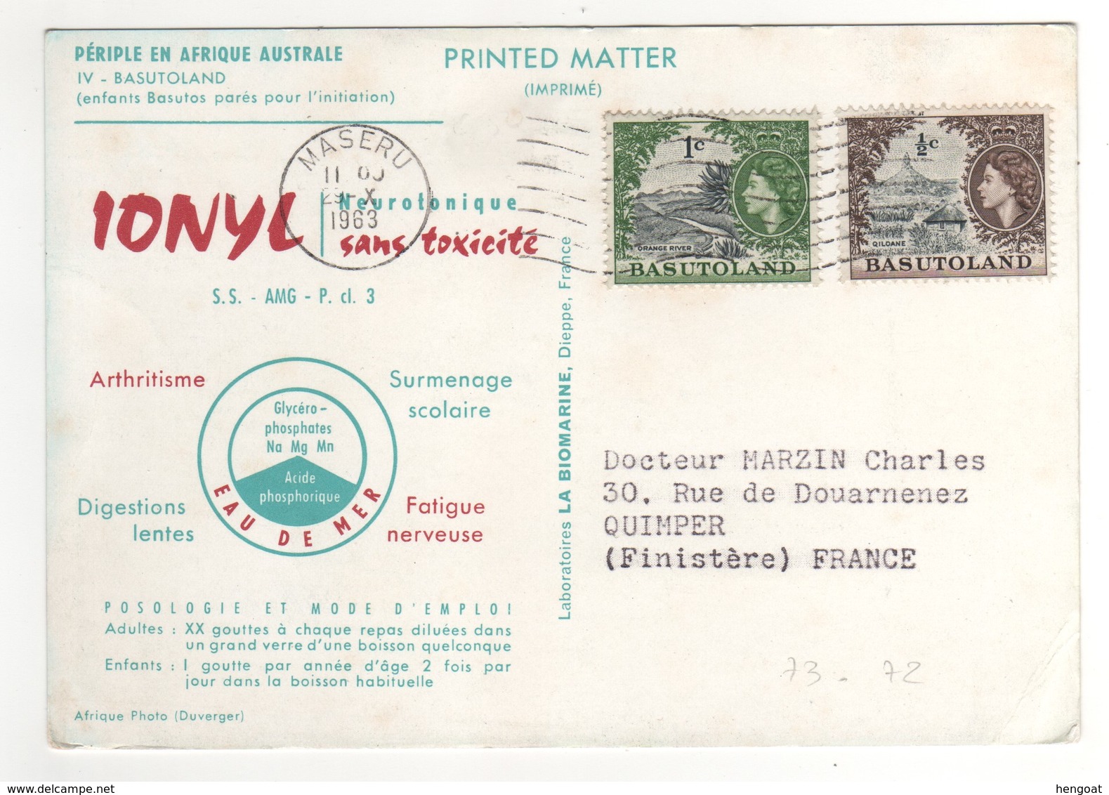 Timbre , Stamp  Yvert N° 72 , 73  Sur Cp , Carte , Postcard Du 29/10/1963 - 1933-1964 Crown Colony