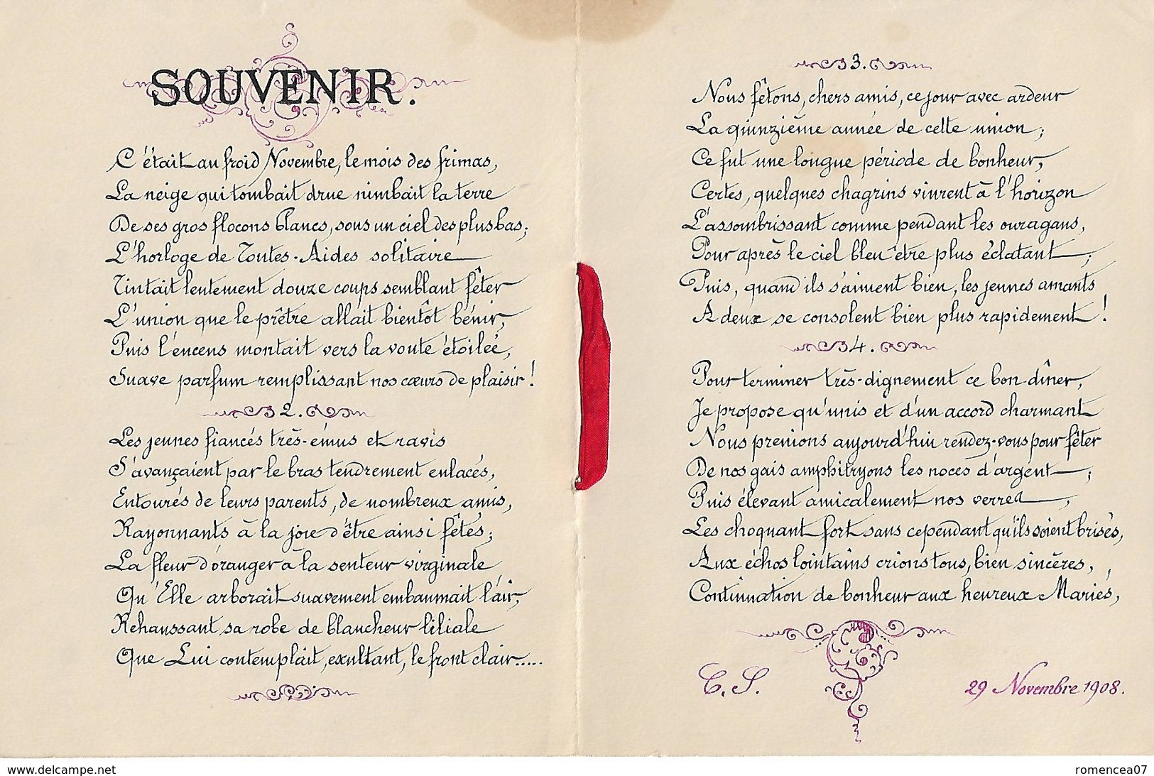 15e ANNIVERSAIRE De MARIAGE - " SOUVENIR 1893-1908 " - 29 Novembre 1908 - A Voir ! - Mariage