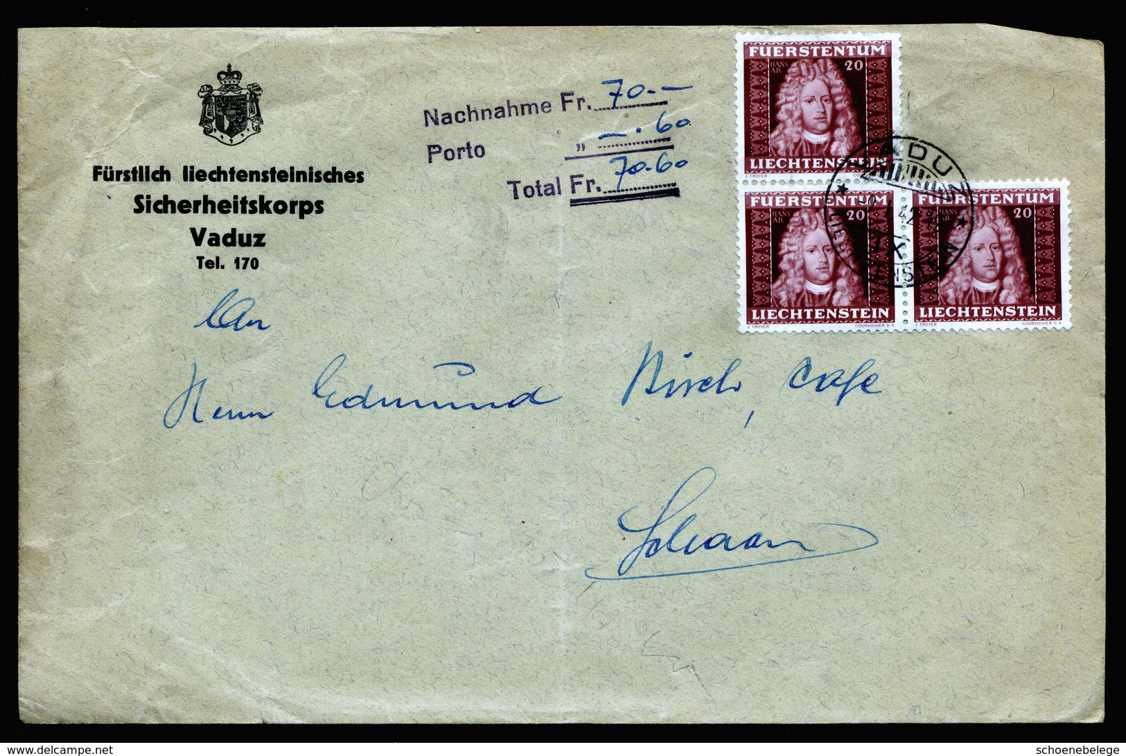 A5842) Liechtenstein Nachnahme-Brief Vaduz 09.01.42 N. Schaan MeF Mi.198 (3) - Briefe U. Dokumente