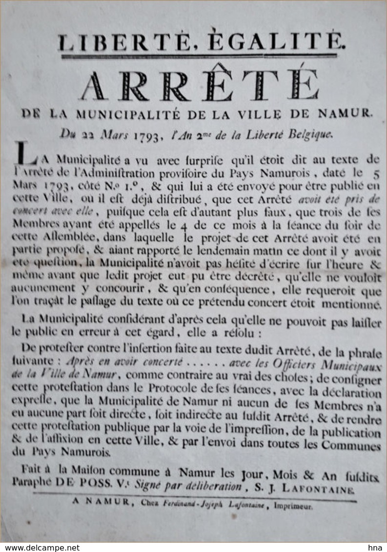 Protestation De La Municipalité De Namur En 1793 - Decrees & Laws