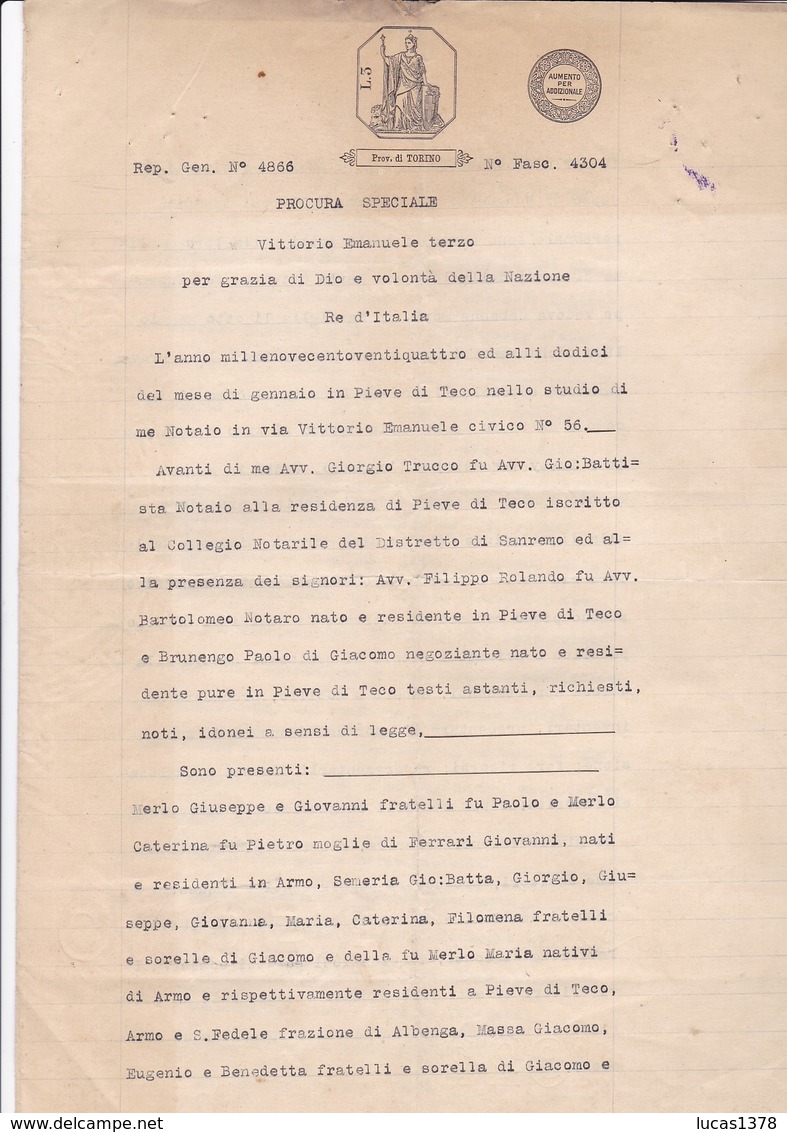 ITALIE / ITALY / ACTE NOTAIRE / LIGURIE / PIEVE DI TECO / TIMBRES 2 LIRE ET 25 C 2/10 - Fiscale Zegels