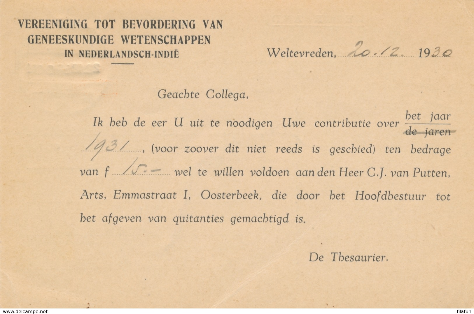 Nederlands Indië - 1930 - 5 Op 7,5 Cent Cijfer, Briefkaart G44 - Particulier Bedrukt Van Weltevreden Naar Amsterdam - Nederlands-Indië