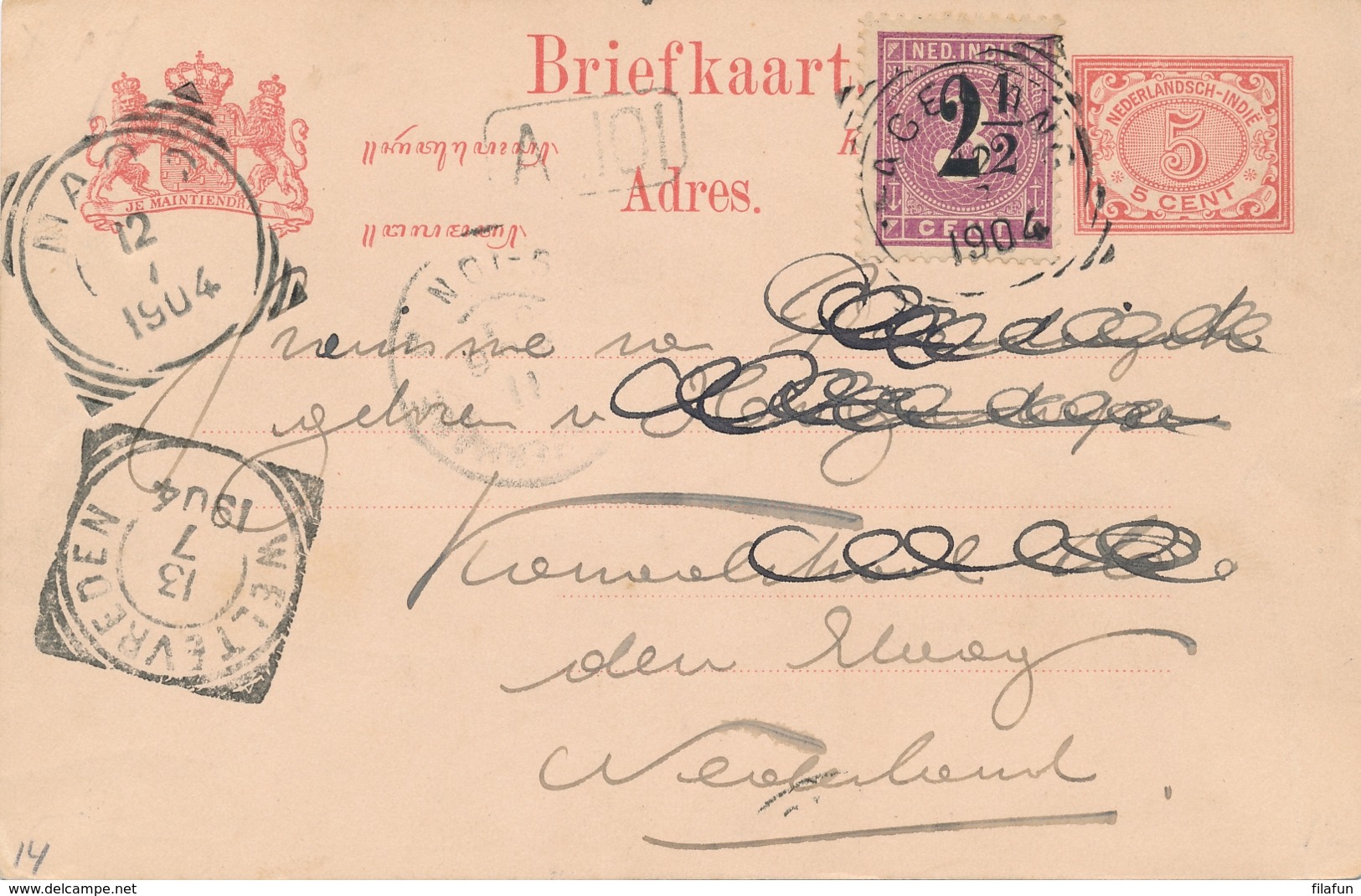 Nederlands Indië - 1904 - 5 Cent Cijfer, Briefkaart G14 + 2,5 Cent Opdrukzegel Van VK MAGELANG Via Maos Naar Den Haag - India Holandeses