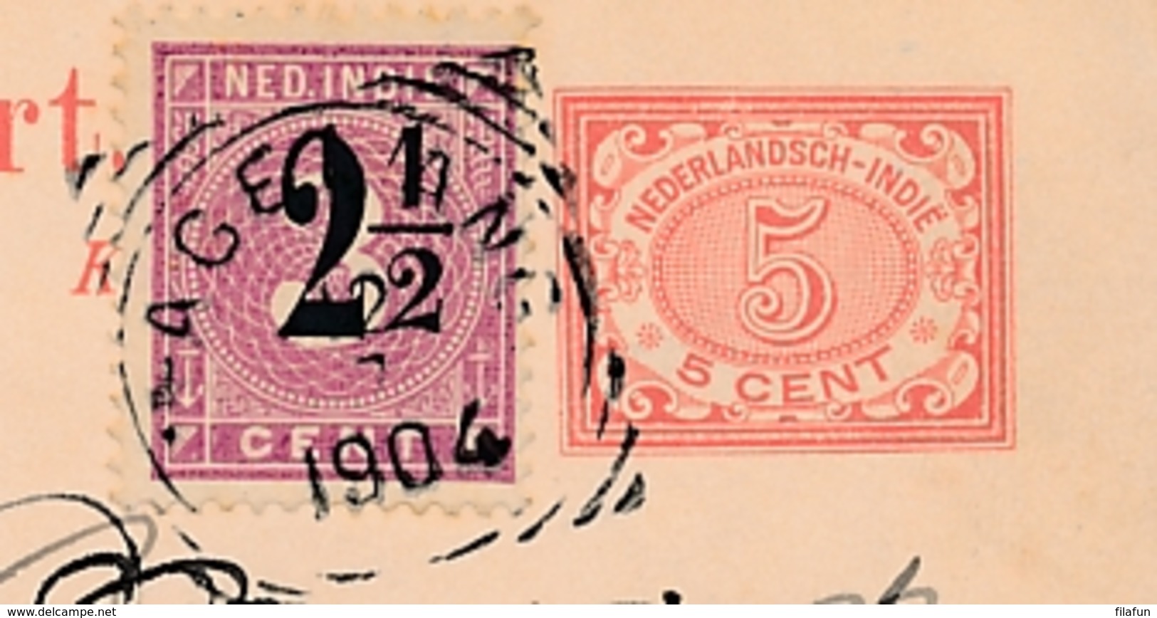 Nederlands Indië - 1904 - 5 Cent Cijfer, Briefkaart G14 + 2,5 Cent Opdrukzegel Van VK MAGELANG Via Maos Naar Den Haag - Nederlands-Indië