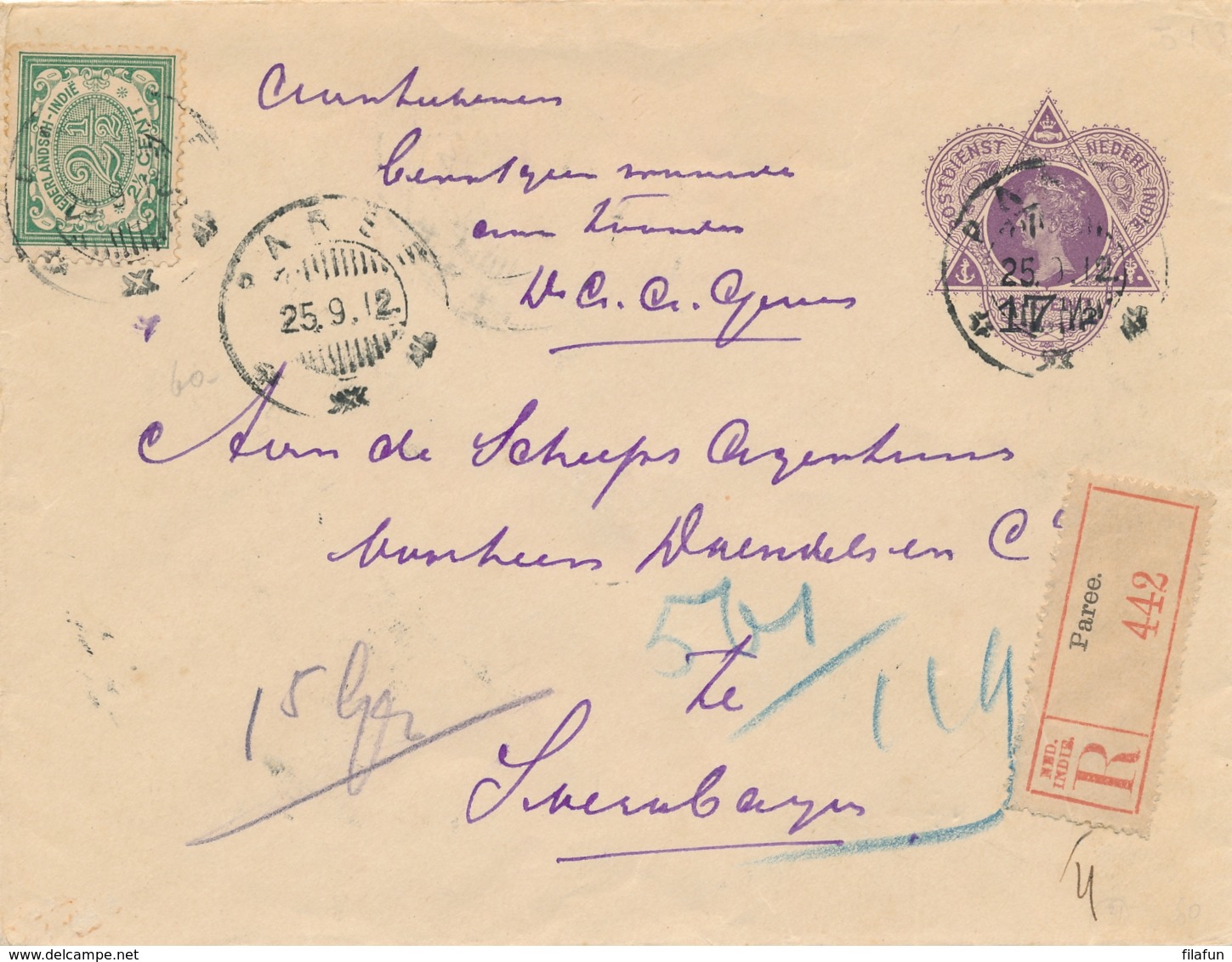 Nederlands Indië - 1912 - 17,5 Op 25 Cent Wilhelmina, Envelop G31 + 2,5 Cent Als R-cover Van KB PAREE Naar Soerabaja - Nederlands-Indië