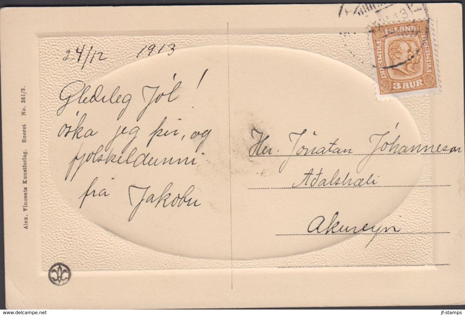 1907. Two Kings. 3 Aur Brown/yellow. Perf. 12 3/4, Wm. Crown. AKUREYRI 24.12. 1913 Po... (Michel 49) - JF310125 - Briefe U. Dokumente