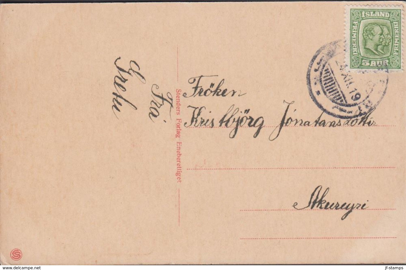 1915. Two Kings. 5 Aur Green. Perf. 14x14½, Wm. Cross. Glædelig Jul AKUREYRI 24. XII.... (Michel 79) - JF310127 - Briefe U. Dokumente