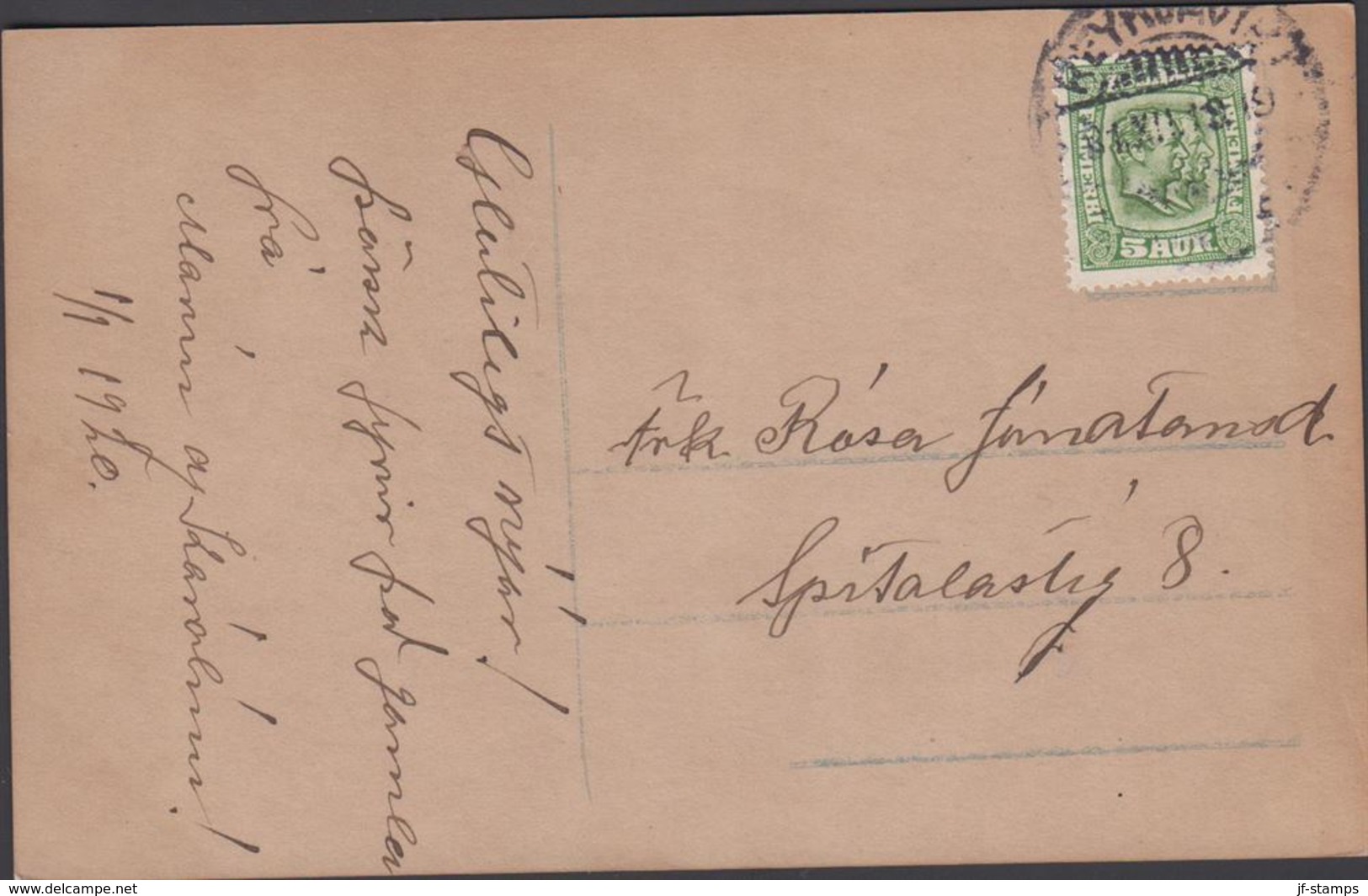 1915. Two Kings. 5 Aur Green. Perf. 14x14½, Wm. Cross. REYKJAVIK 31. XII 1919. Postca... (Michel 79) - JF310128 - Covers & Documents