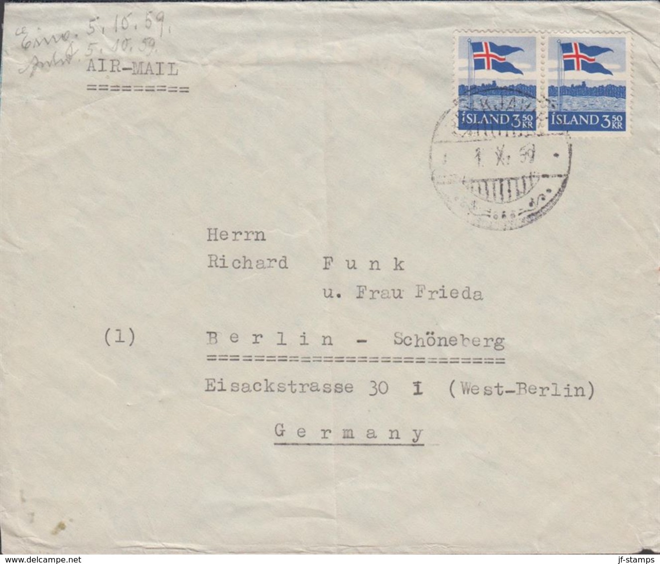 1958. Flag. 3,50 Kr. REYKJAVIK -1. X. 59. To Berlin. (Michel 327) - JF310166 - Brieven En Documenten