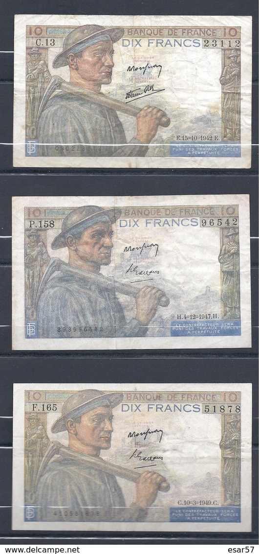 Lot De 3 Billets De 10 Fr Mineur 1942 - 1947 Et 1949 - 10 F 1941-1949 ''Mineur''