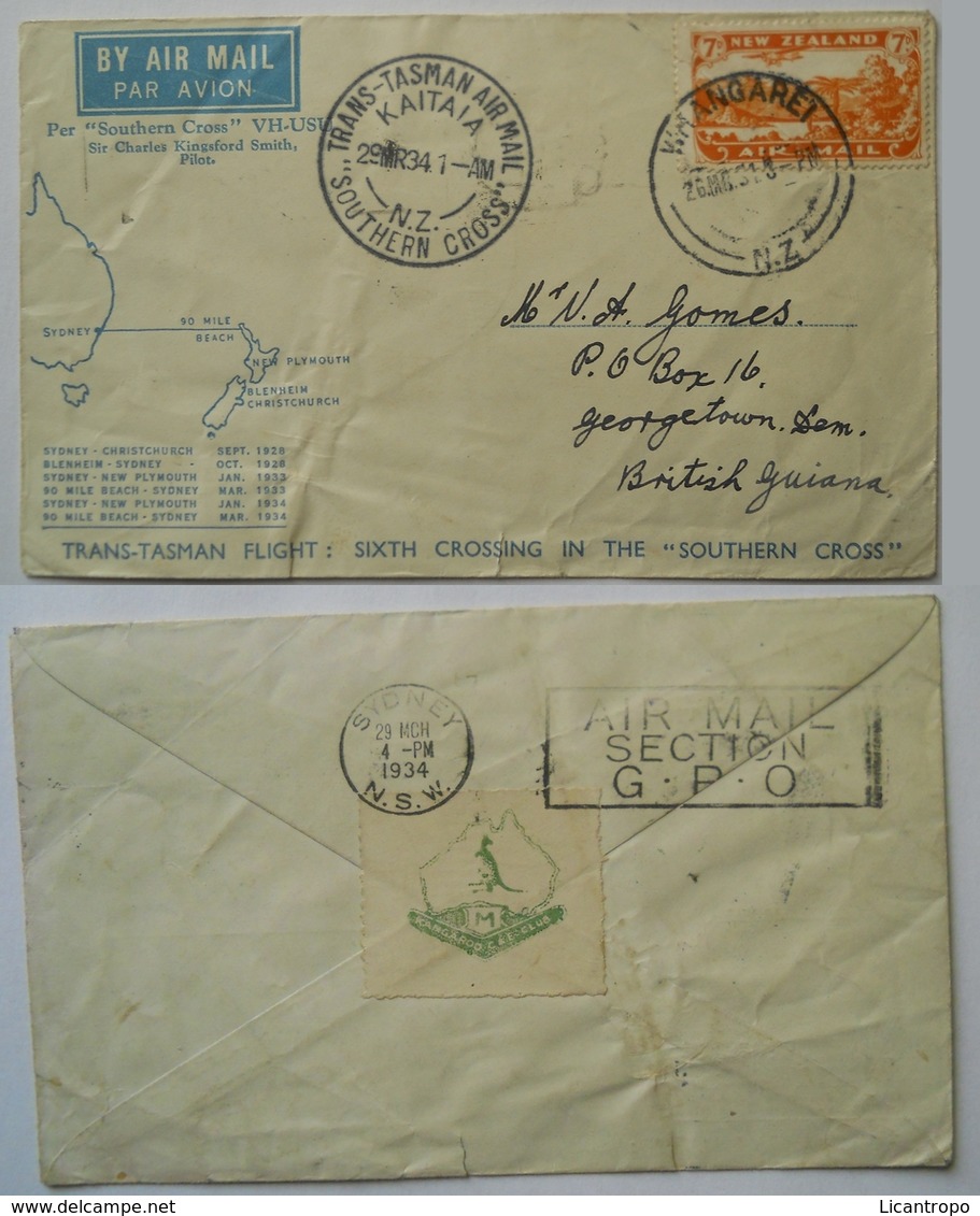 New Zealand 1934  Air-mail Trans-Tasman Cover From Whangarei-Sydney-British Guyana - Poste Aérienne