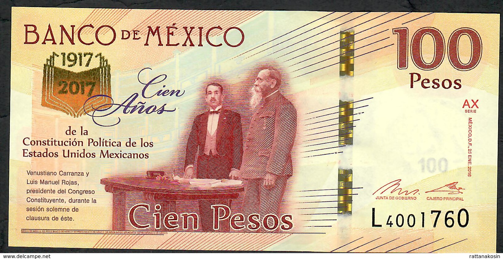 MEXICO P130  100 PESOS  2016 Serie AX  UNC. ! - Mexique