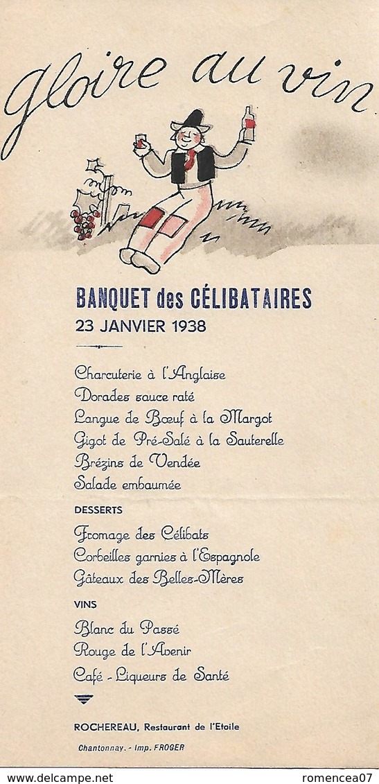 BANQUET Des CELIBATAIRES - " GLOIRE Au VIN " - 23 Janvier 1938 - A Voir ! - Menu