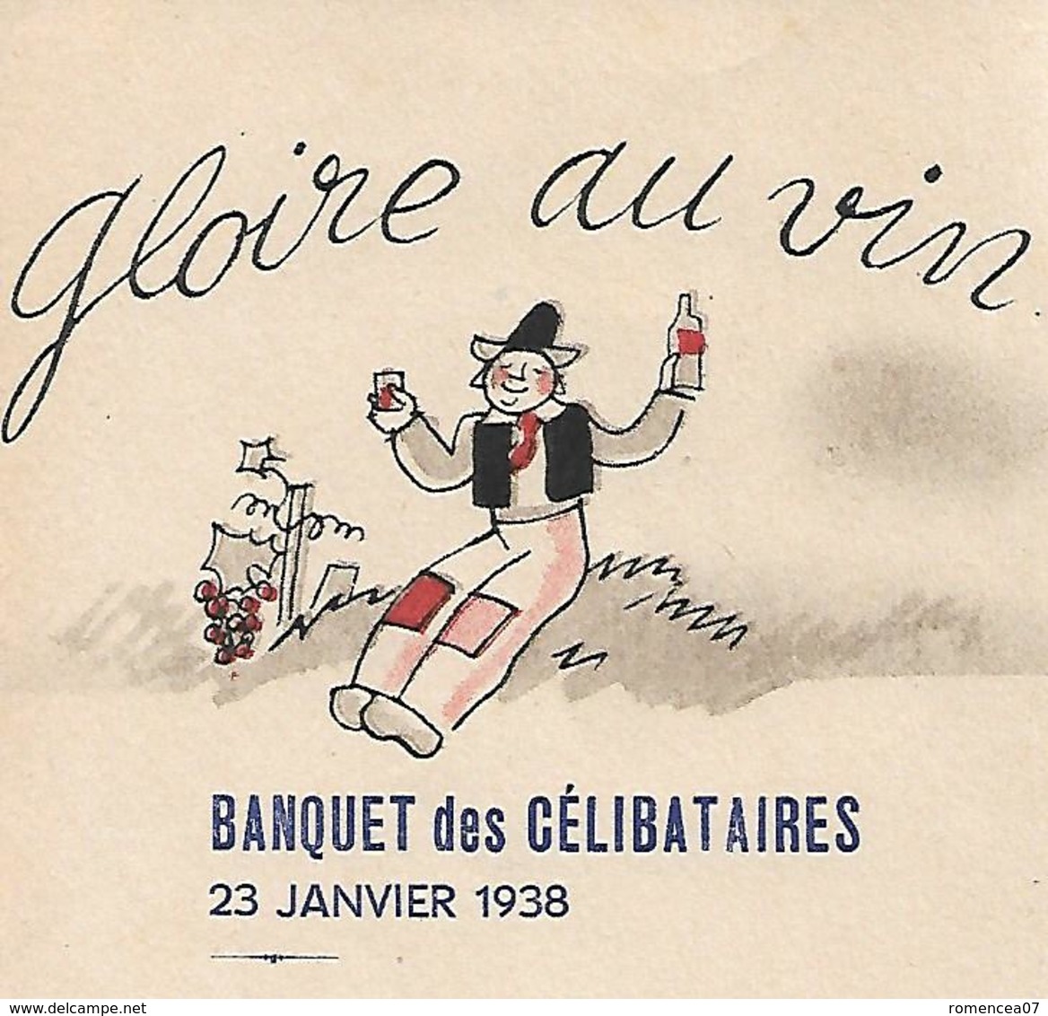 BANQUET Des CELIBATAIRES - " GLOIRE Au VIN " - 23 Janvier 1938 - A Voir ! - Menus