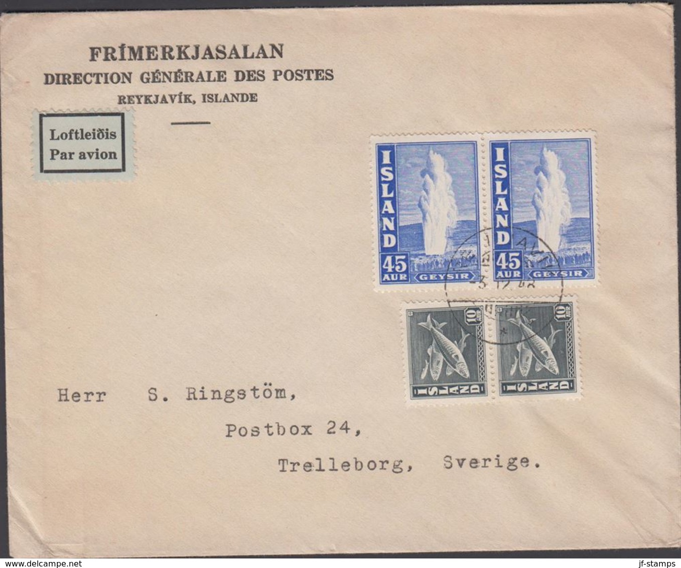 1940. Geysir. 45 Aur Blue 2 Ex + 2 Ex 10 AUR REYKJAVIK -3. 12. 48. (Michel 217A) - JF310149 - Covers & Documents