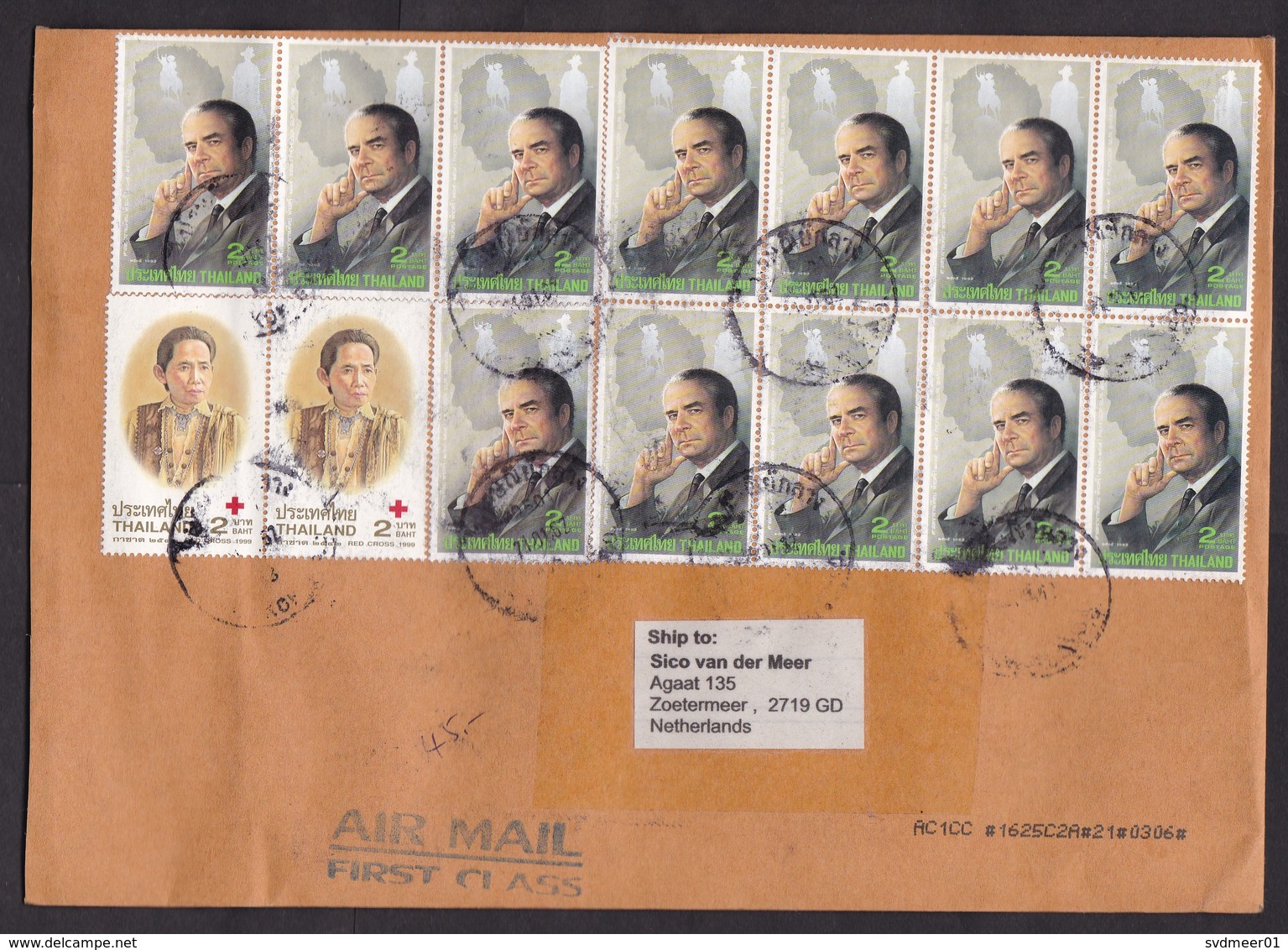 Thailand: Airmail Cover To Netherlands, 23 Stamps, Red Cross, Person, History, Flowers (minor Crease) - Thailand