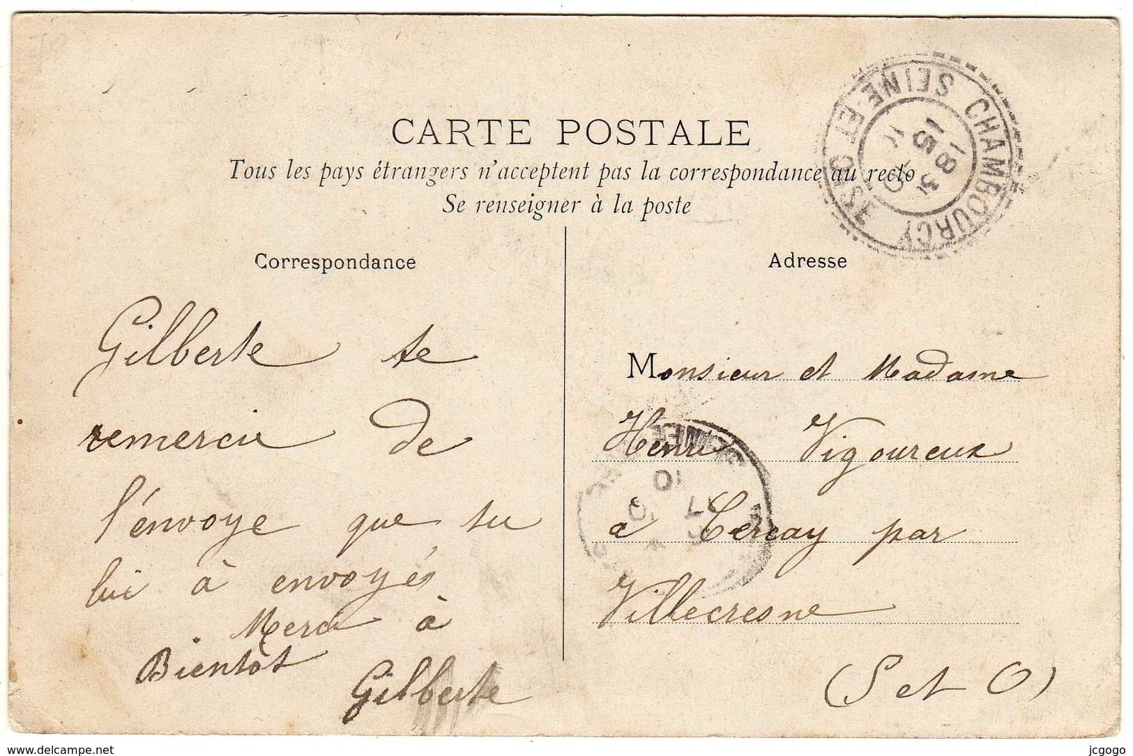 CHAMBOURCY   La Bretonnière. Carte écrite En 1905   Très Bon état - Chambourcy