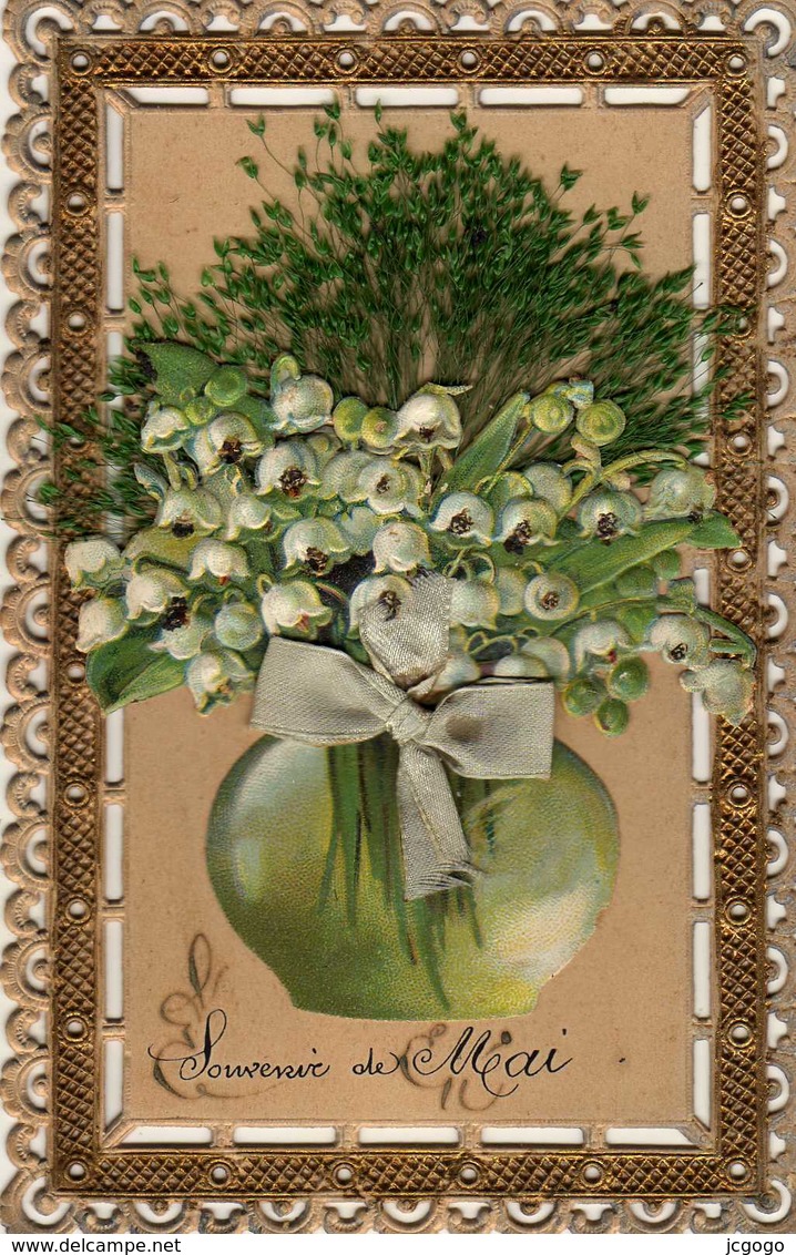 FÊTES  VOEUX 1er MAI     Souvenir De MAI   Chromo  Découpis. Vase De Muguet , Noeud En Tissus - Autres & Non Classés