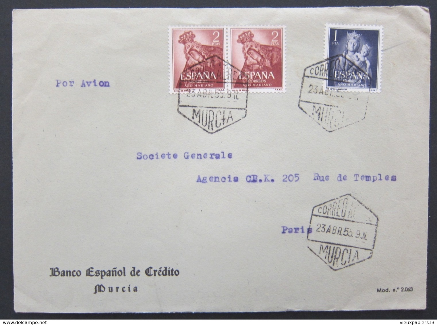 ESPAGNE Lettre De 1955 Murcia Banco Espanol De Crédito - 3 Timbres Pour La France - Por Avion - Lettres & Documents