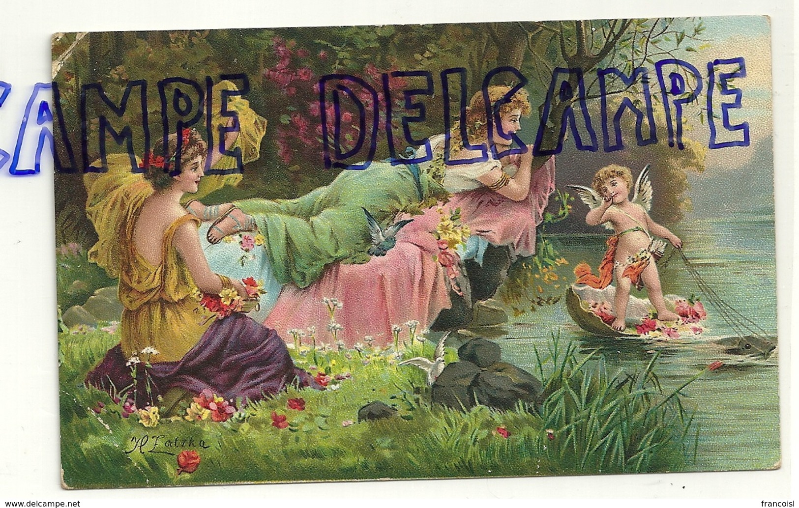 Jeunes Femmes Au Bord D'une Rivière, Petit Ange Sur Un Coquillage Tiré Par Un Poisson. Signée Zatzka - Zatzka