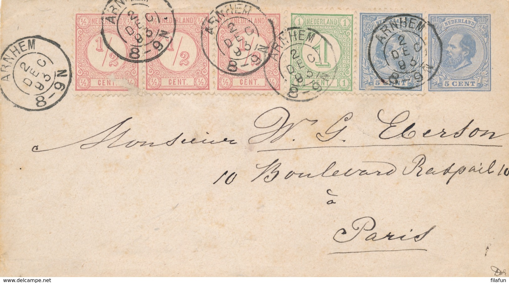 Nederland - 1893 - 5 Cent Willem III, Envelop G4 + 5 Zegels Van KR Arnhem Naar Paris / France - Brieven En Documenten