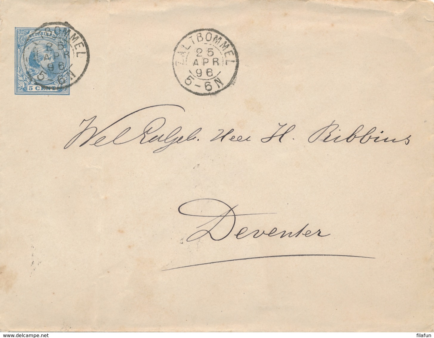Nederland - 1896 - 5 Cent Hangend Haar, Envelop G6a Van KR Zaltbommel Naar Deventer - Brieven En Documenten