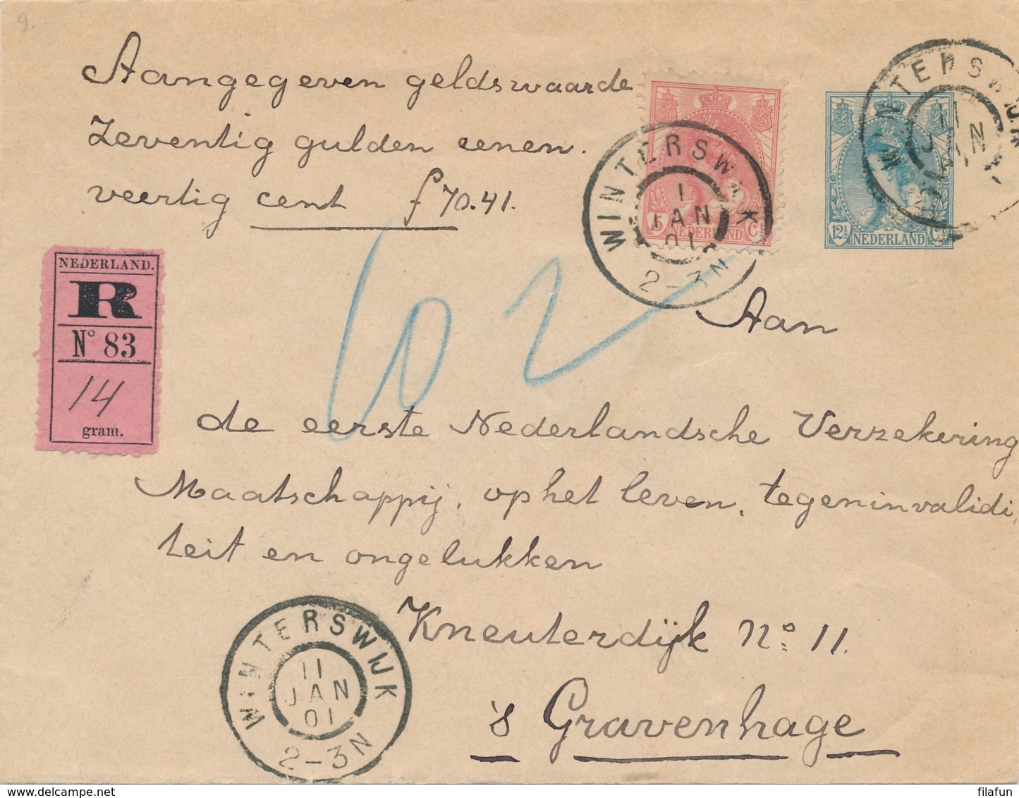 Nederland - 1901 - 12,5 Cent Bontkraag, Envelop G9b + 5 Cent Met Aangegeven Waarde En Roze R-strook Van GR Winterswijk - Postwaardestukken