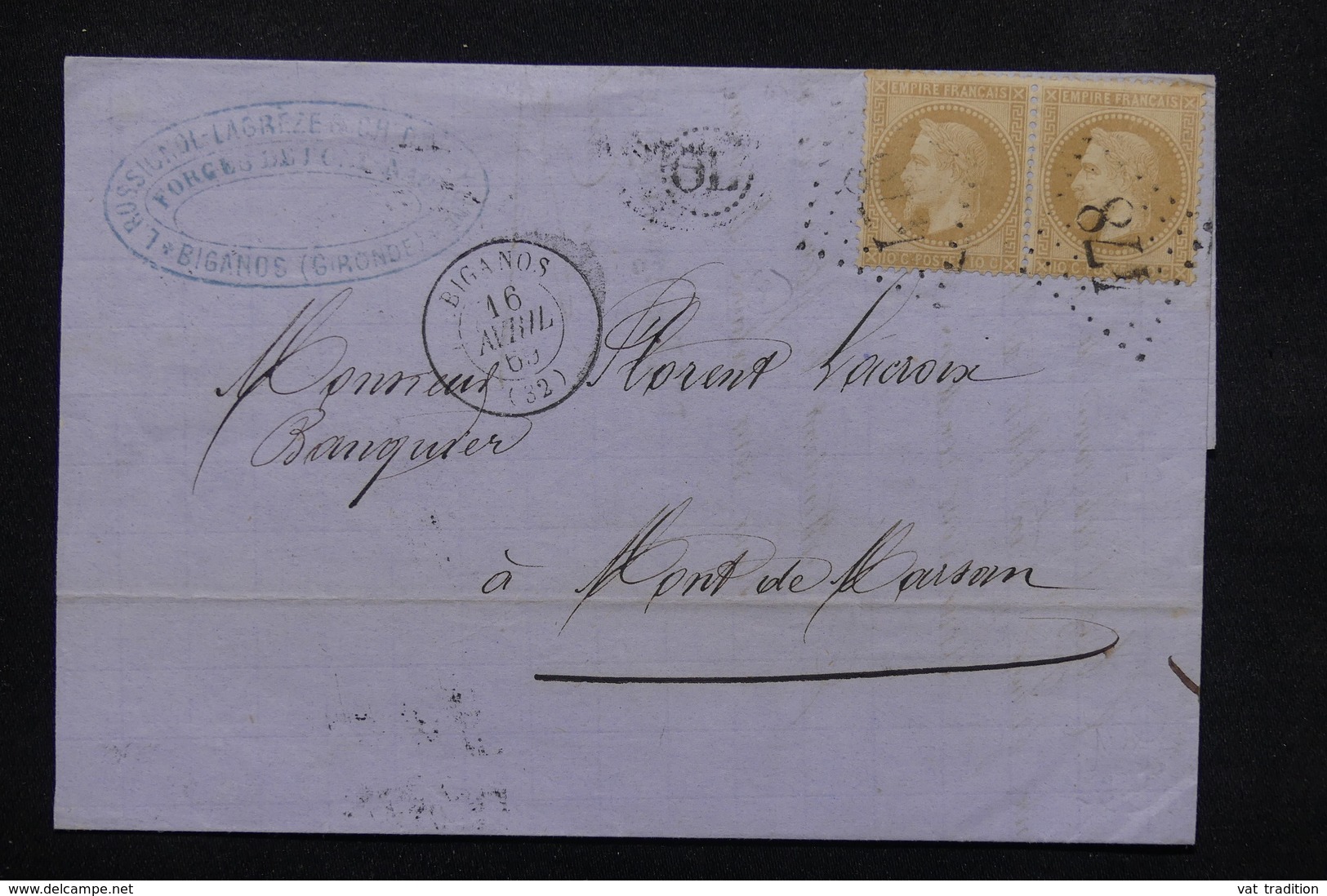 FRANCE - Lettre De Biganos ( GC 478 ) Pour Mont De Marsan En 1869 , Affranchissement Napoléon En Paire - L 22003 - 1849-1876: Période Classique