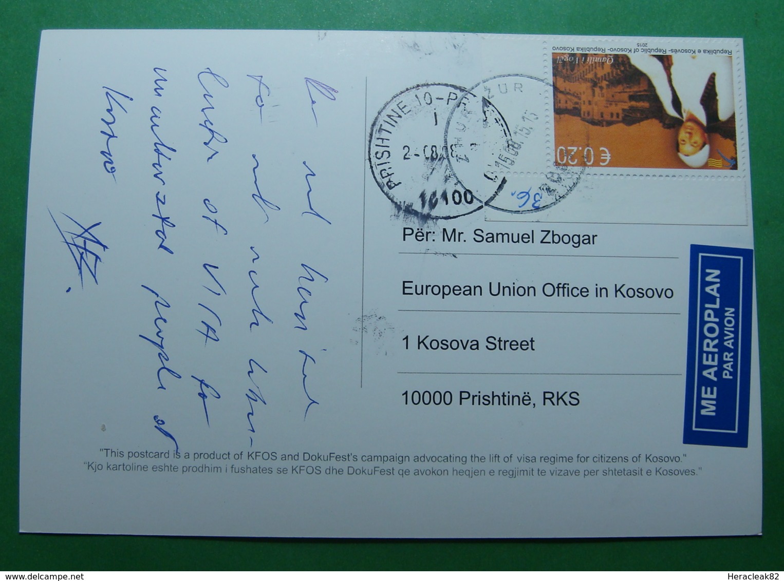 2015 Kosovo Airmail Postcard Sent From Prizren To Pristina, Dokufest, Stamp: SINGER. S - Kosovo