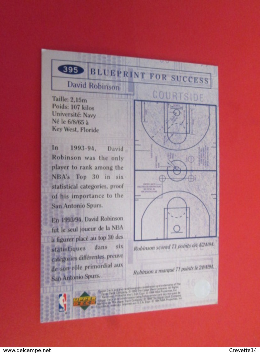 1176-1200 : TRADING CARD BASKET NBA UPPER DECK 94 : N°395 DAVID ROBINSON - Autres & Non Classés