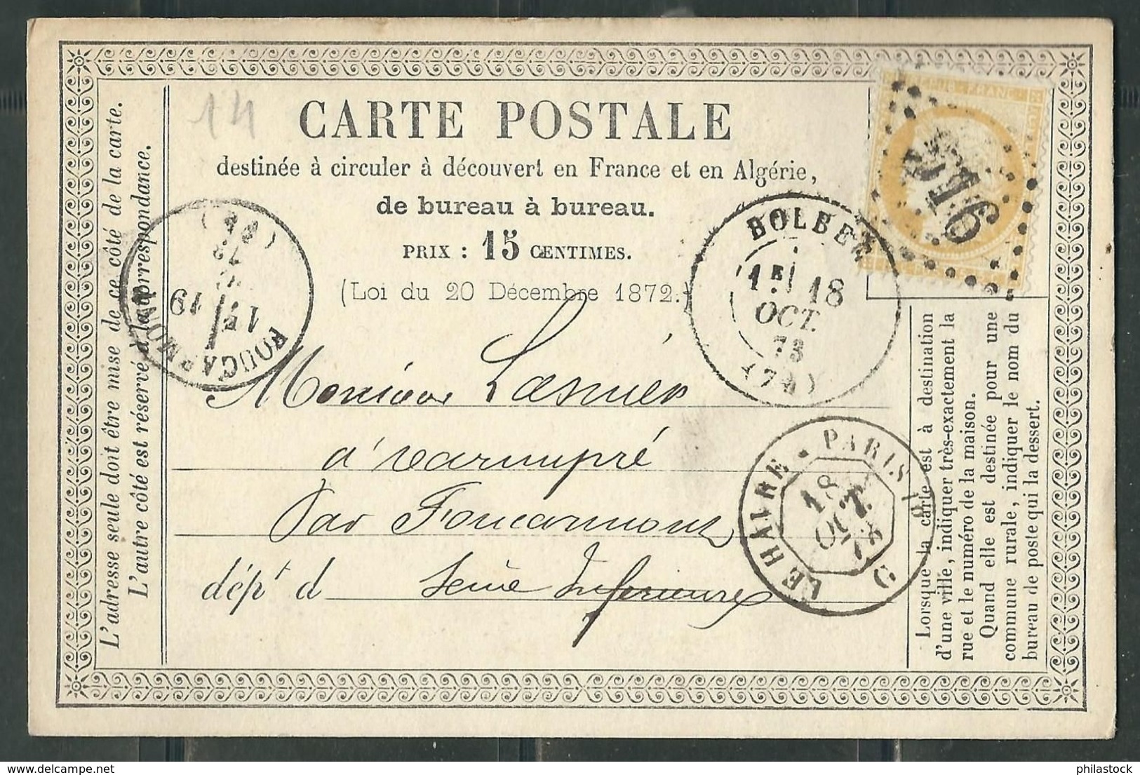 FRANCE 1873 N° 59   S/CP Obl.GC 516 Bolbec - 1871-1875 Ceres