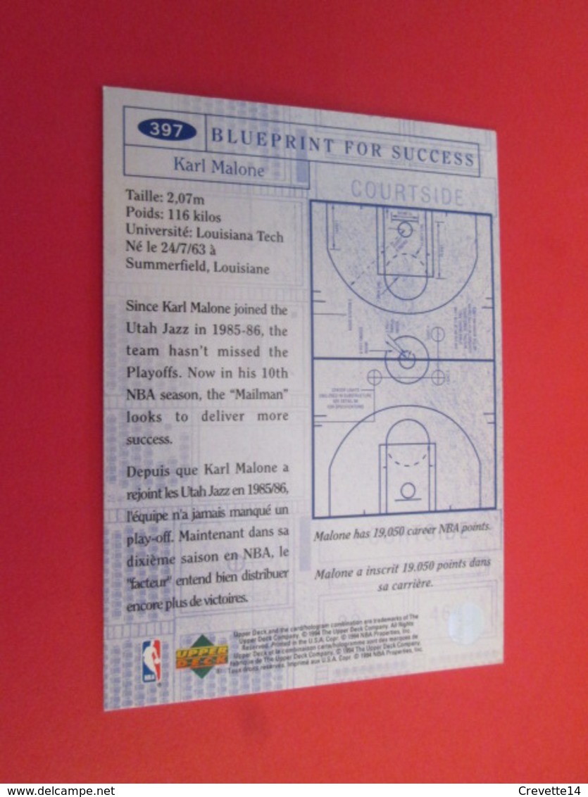 1176-1200 : TRADING CARD BASKET NBA UPPER DECK 94 : N°397 KARL MALONE - Autres & Non Classés