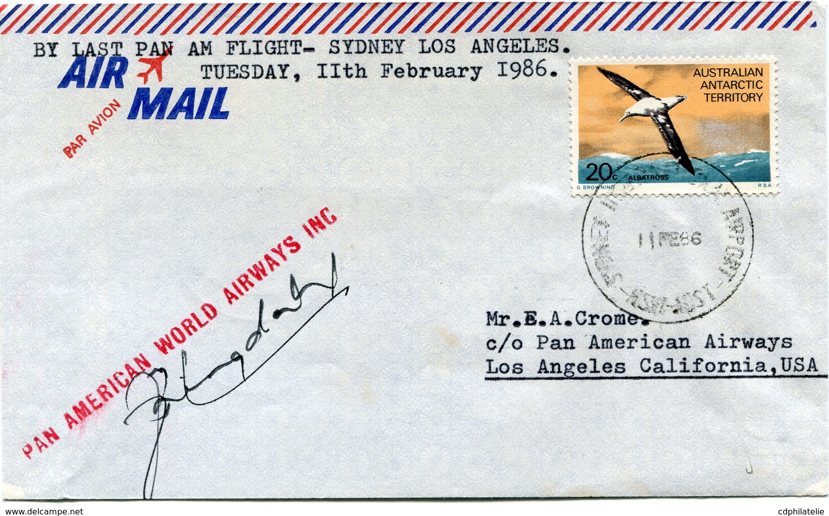 TERRITOIRE ANTARCTIQUE AUSTRALIEN LETTRE PAR AVION AVEC CACHET "PAN AMERICAN WORLD AIRWAYS INC." + SIGNATURES........... - Storia Postale