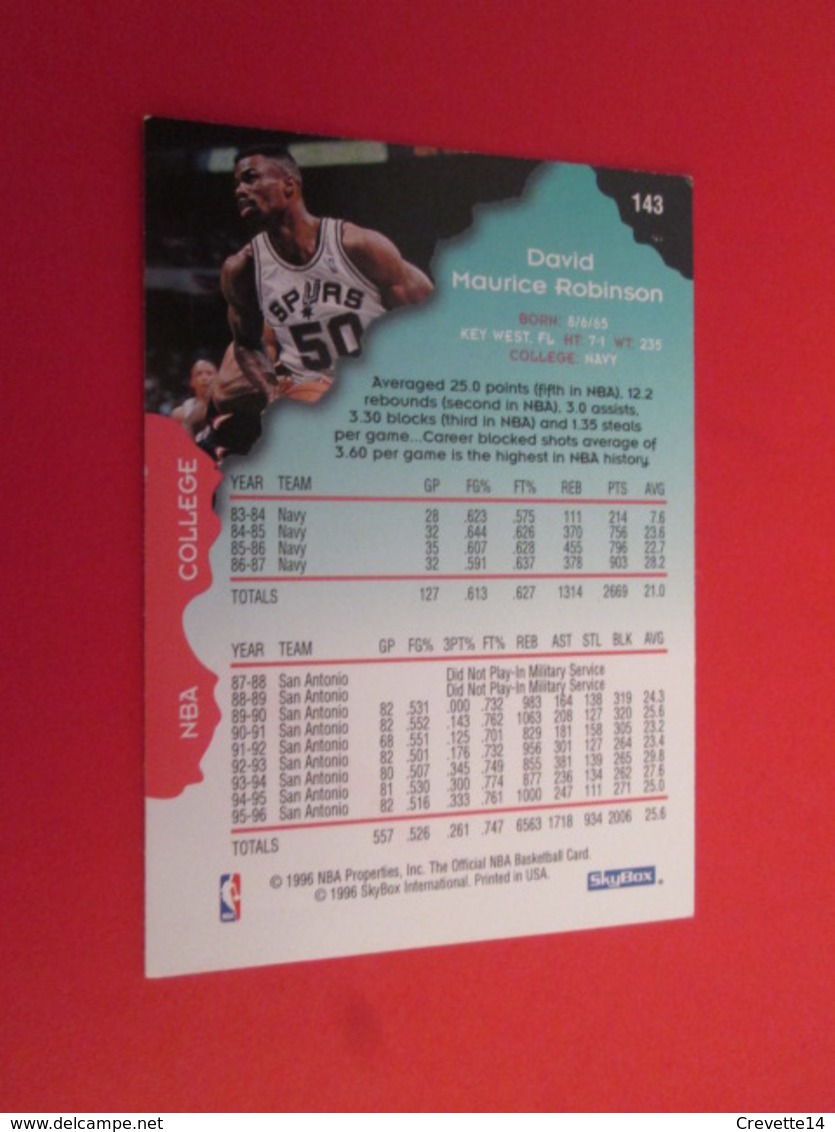 1201-1225 : TRADING CARD BASKET SKYBOX NBA 1993 : N°143 DAVID ROBINSON - Autres & Non Classés