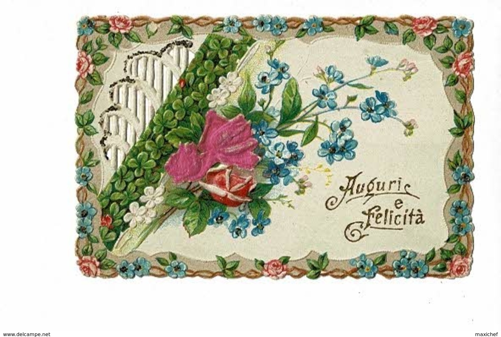 Chromo Gauffrée & Ajourée 80 X 120 Mm - Frise Fleurie & Bouquet, Message "Auguri E Felicità" Buon Natale - Circ Sans Dat - Autres & Non Classés