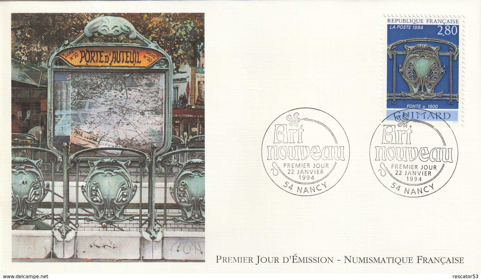 Enveloppe Premier Jour émission Art Nouveau 22 Janvier 1994 - 1990-1999