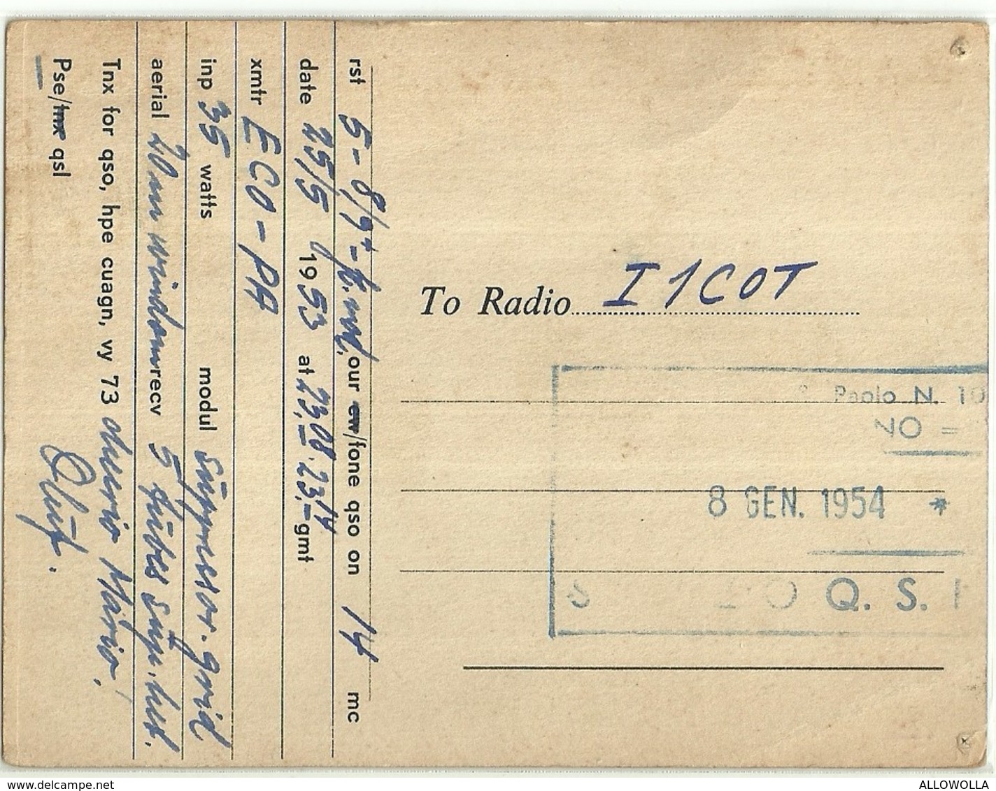 2501 " FROM OZ7OP-OLUF PETERSEN TO I1COT-8/1/1954 " CART.ORIG.SPED. - Radio Amatoriale