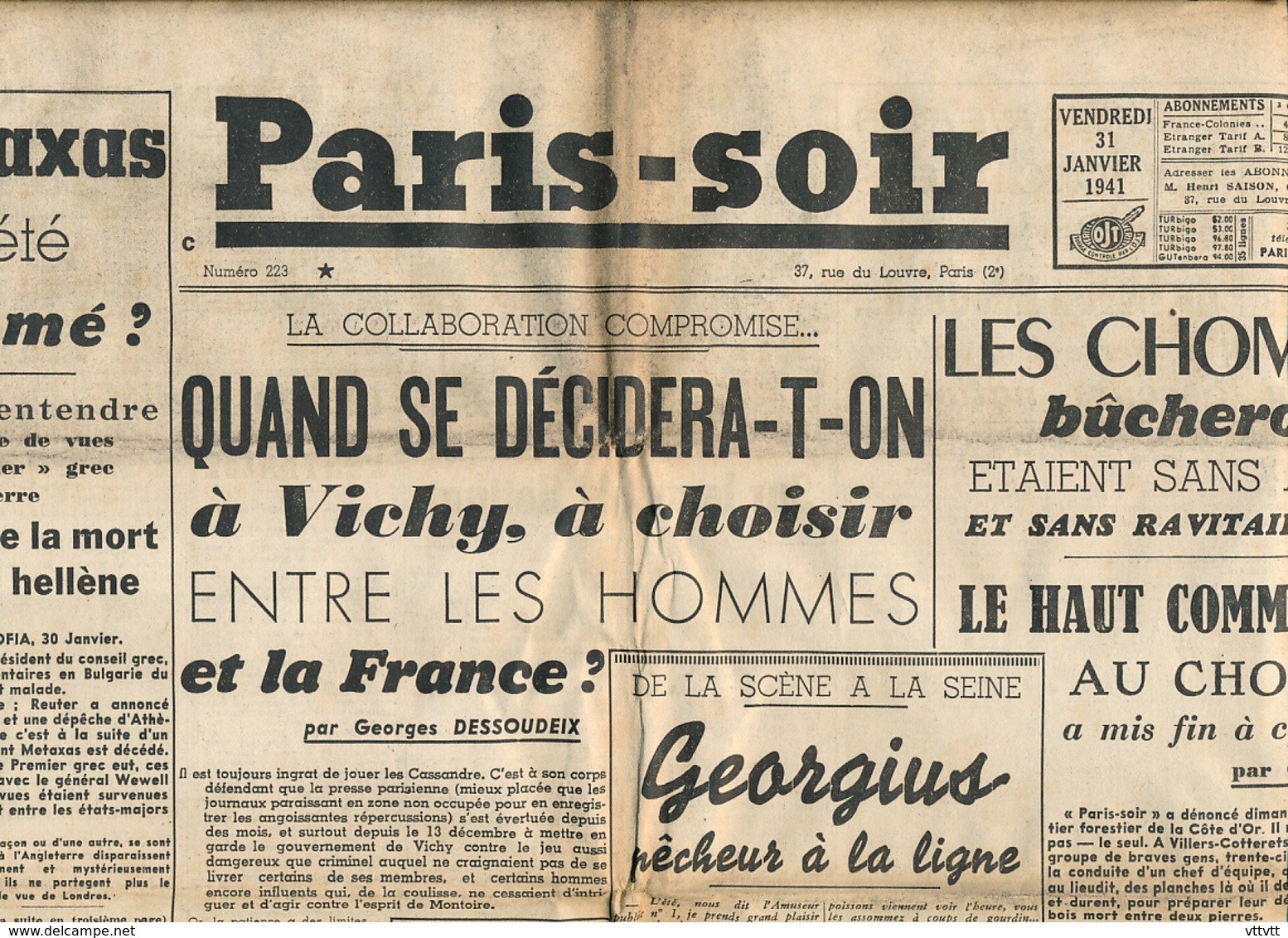 PARIS-SOIR, N° 223, Vendredi 31 Janvier 1941, Hitler, Pétain, Grèce, M. Metaxas, Chomeurs, Vichy, Popesco, Georgius... - Other & Unclassified