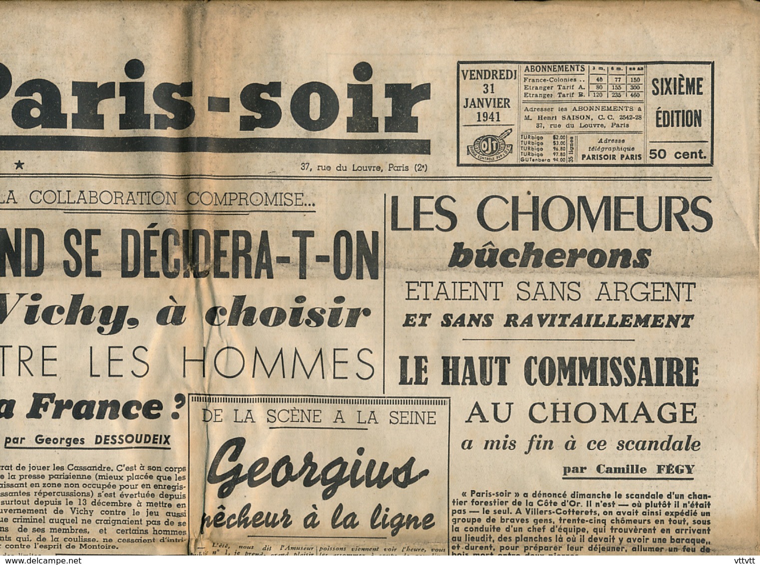 PARIS-SOIR, N° 223, Vendredi 31 Janvier 1941, Hitler, Pétain, Grèce, M. Metaxas, Chomeurs, Vichy, Popesco, Georgius... - Other & Unclassified